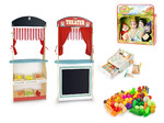 Giocattolo 2in1: teatro di legno, mercato del legno + Registratore di cassa + 4 burattini + Prodotti alimentari