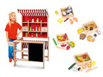 Bottega in legno - supermercato - bancarella del mercato per bambini con accessori + 4 cassette in legno con generi alimentari