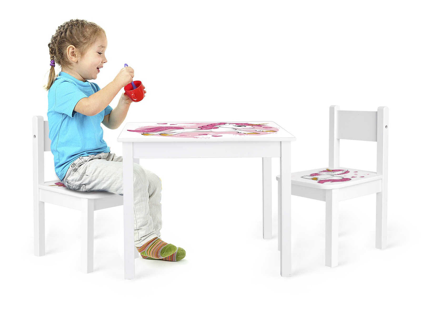 Set da cameretta per bambini tavolo e 2 sedie in legno - motivo Unicorno  Rosa Leomark IT
