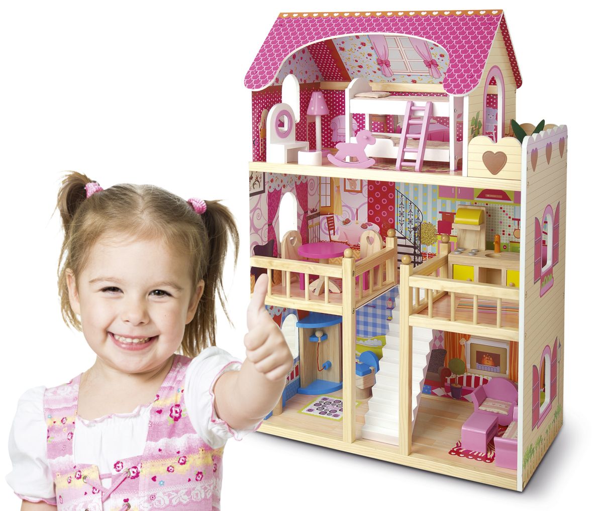 Casa delle bambole in legno + mobili e accessori + gratis bambole 